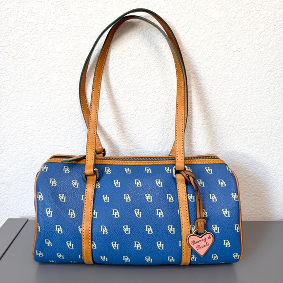 Dooney & Bourke Handbags - Dooney and Bourke Blue Signature Coated Canvas Barrel Bag and Tan Leather Straps
